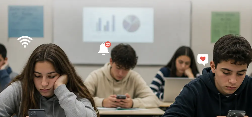 Estudiantes distraídos por el celular durante una clase